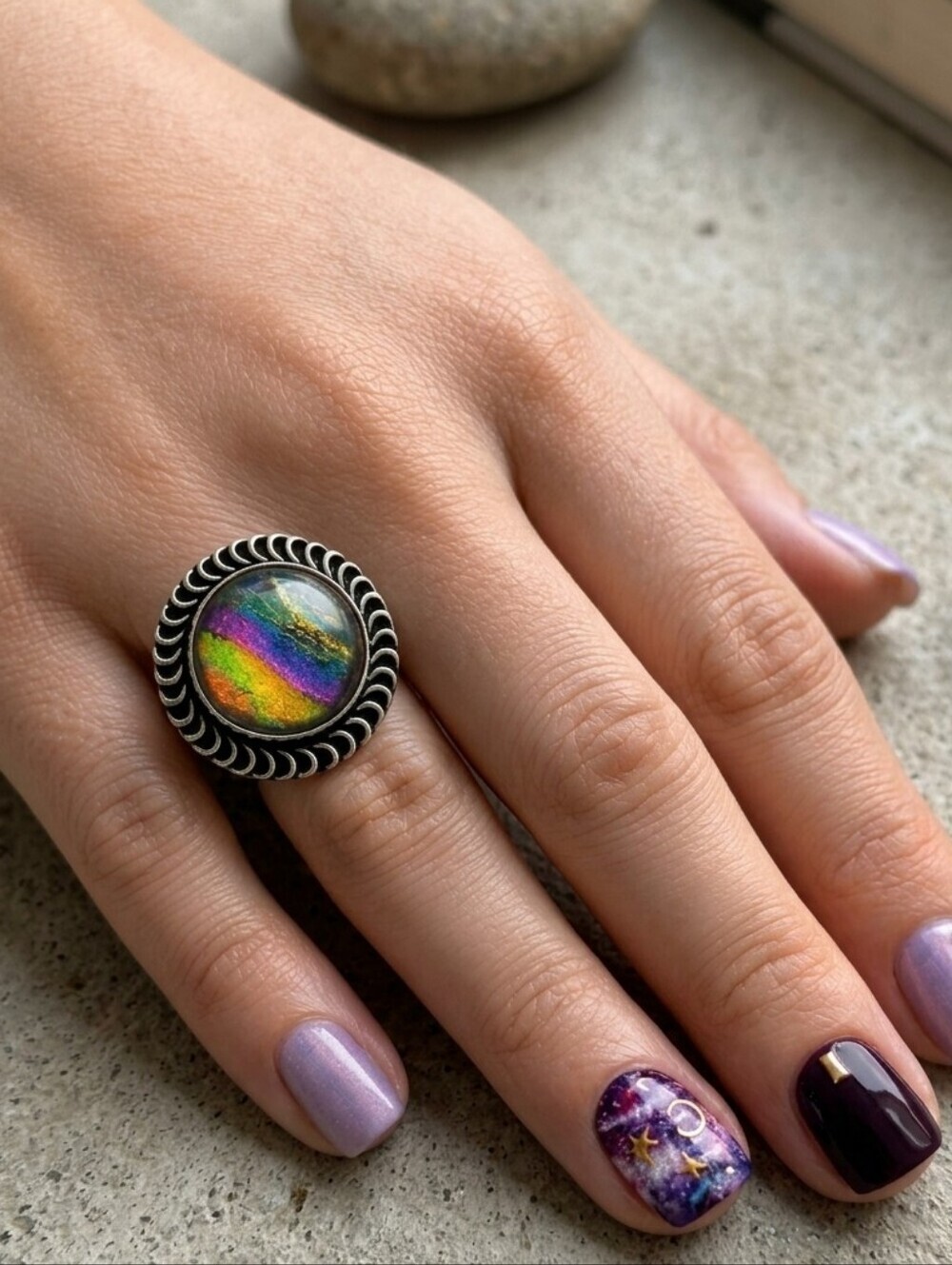 925 Sterling Silver Artisanal Rainbow Dichroic Glass Statement Ring Size 9